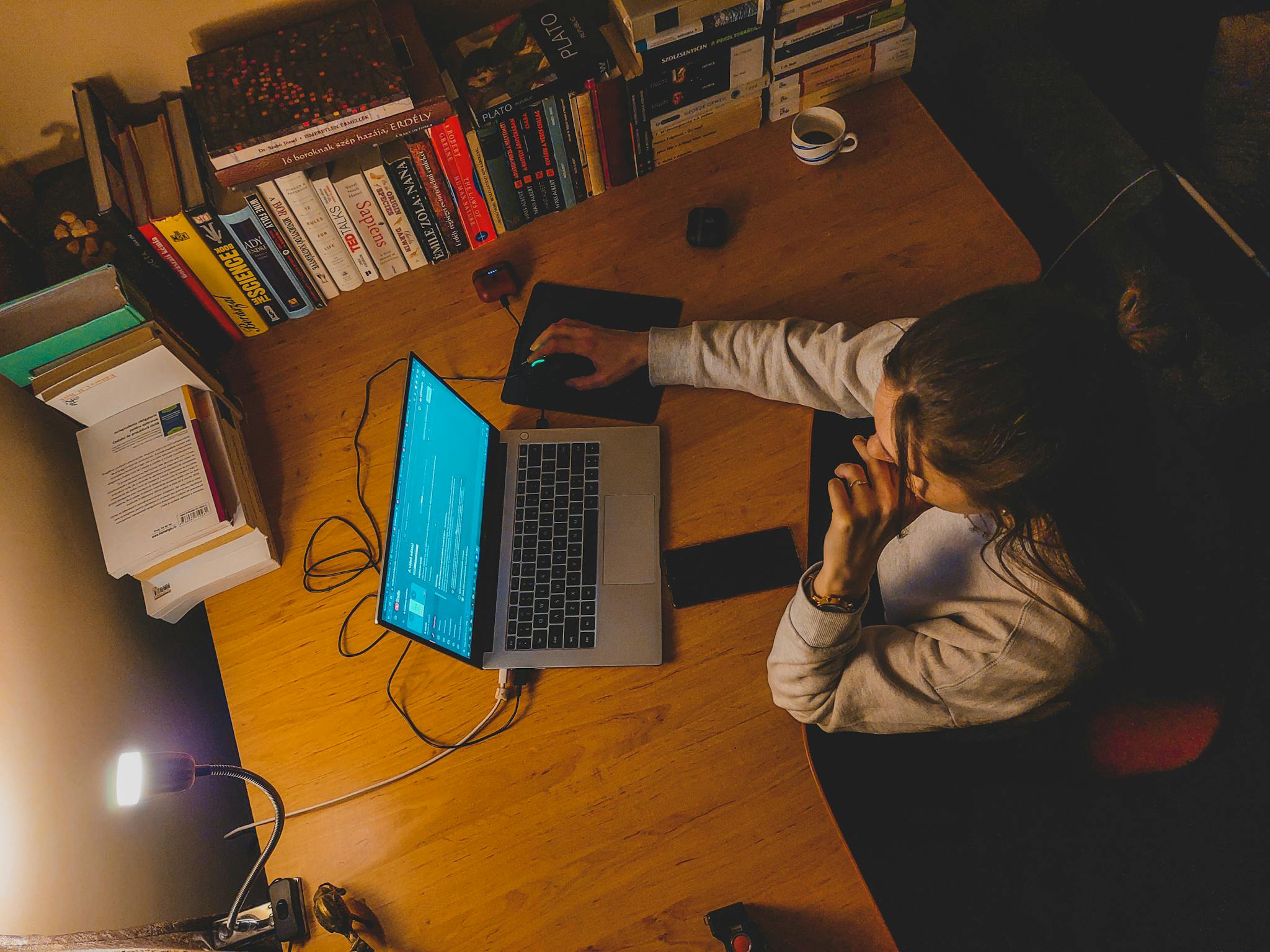 Overhead view of a woman working at a desk with a laptop and books, late at night.